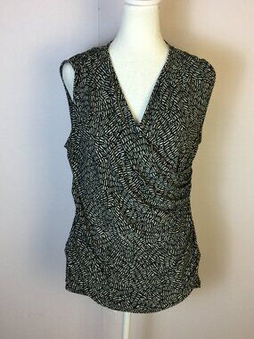 DKNY Surplice Wrap Blouse Top Size L Womans Black White Sleeveless Side Ruched